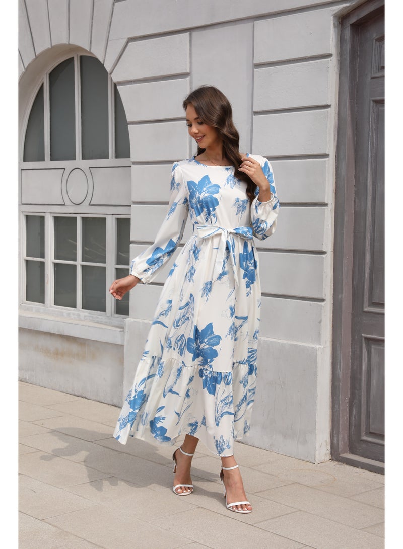 Maxi Dresses for Curvy Women Casual 3/4 Sleeve Crewneck Floor Length Floral Print Dress with Belt - Image 4